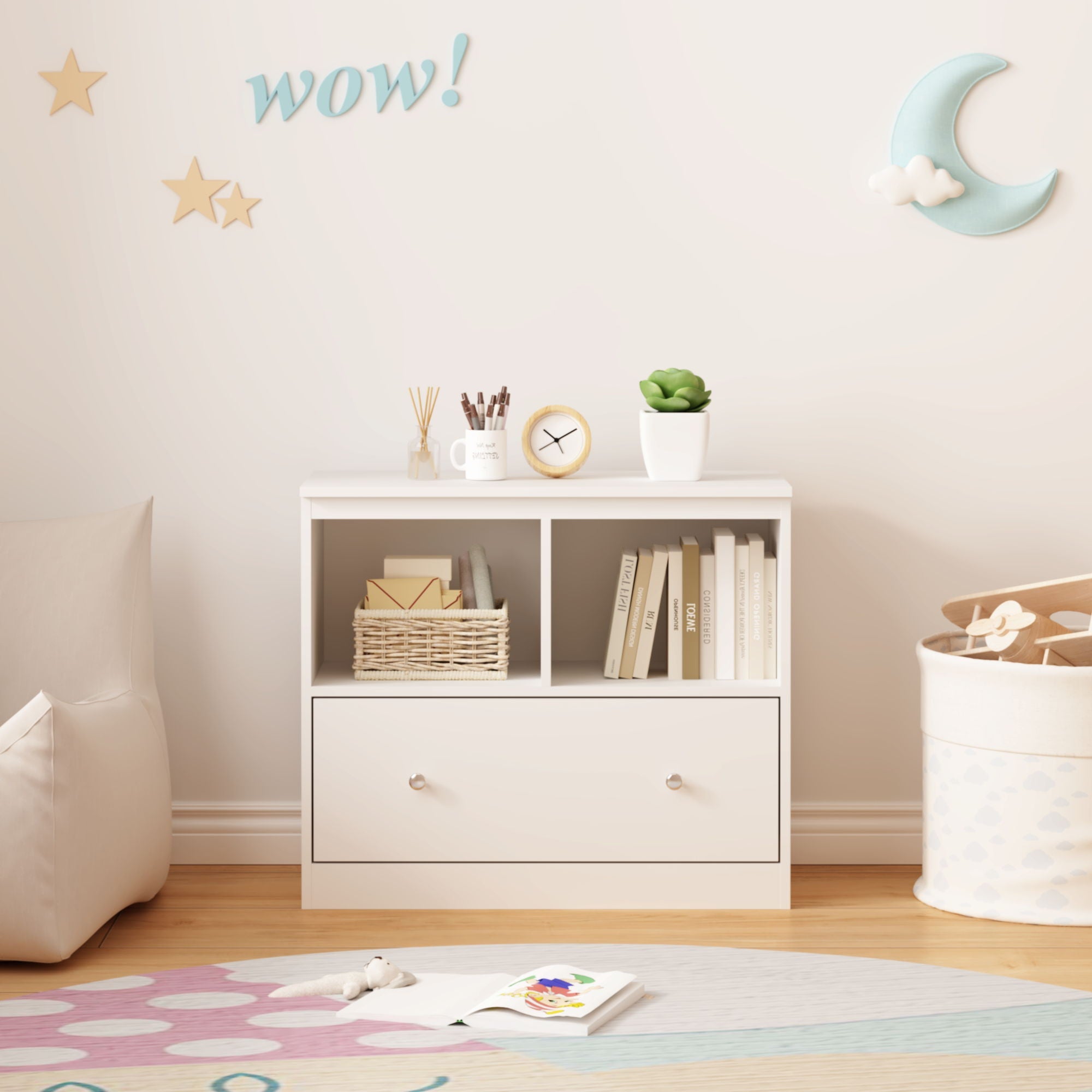 Toy Storage Organizer With Large Drawer And Low Bookshelf For Nursery & Playroom - White by Unique Piece Furniture