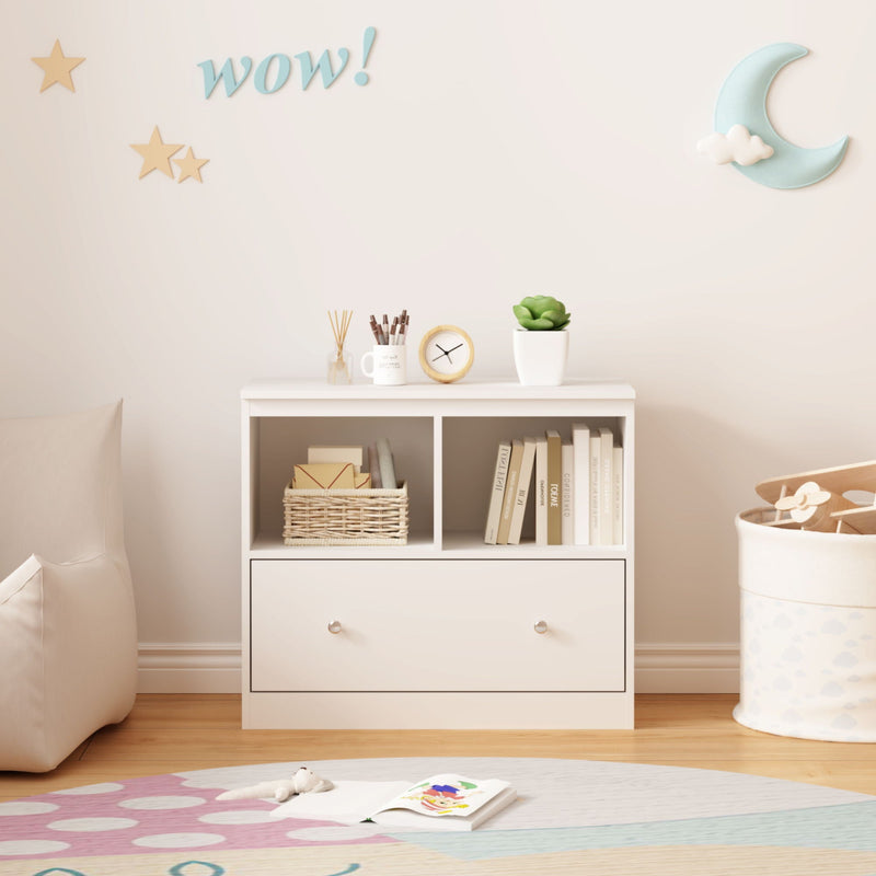 Toy Storage Organizer With Large Drawer And Low Bookshelf For Nursery & Playroom - White by Unique Piece Furniture