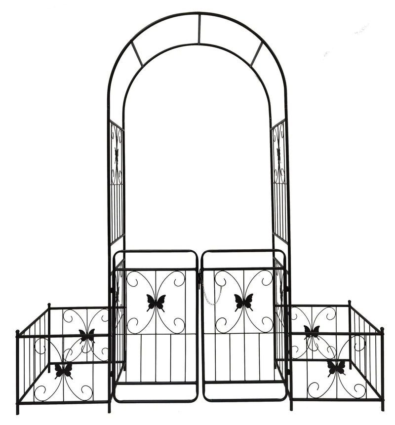 Metal Garden Arch With Gate High Climbing Plants Support Rose Arch Outdoor - Black by HouseOfZazla