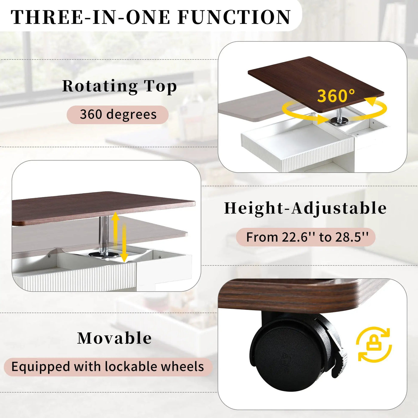 Adjustable End Table With Wheels, 360°Rotating Top And Storage Space by Unique Piece Furniture