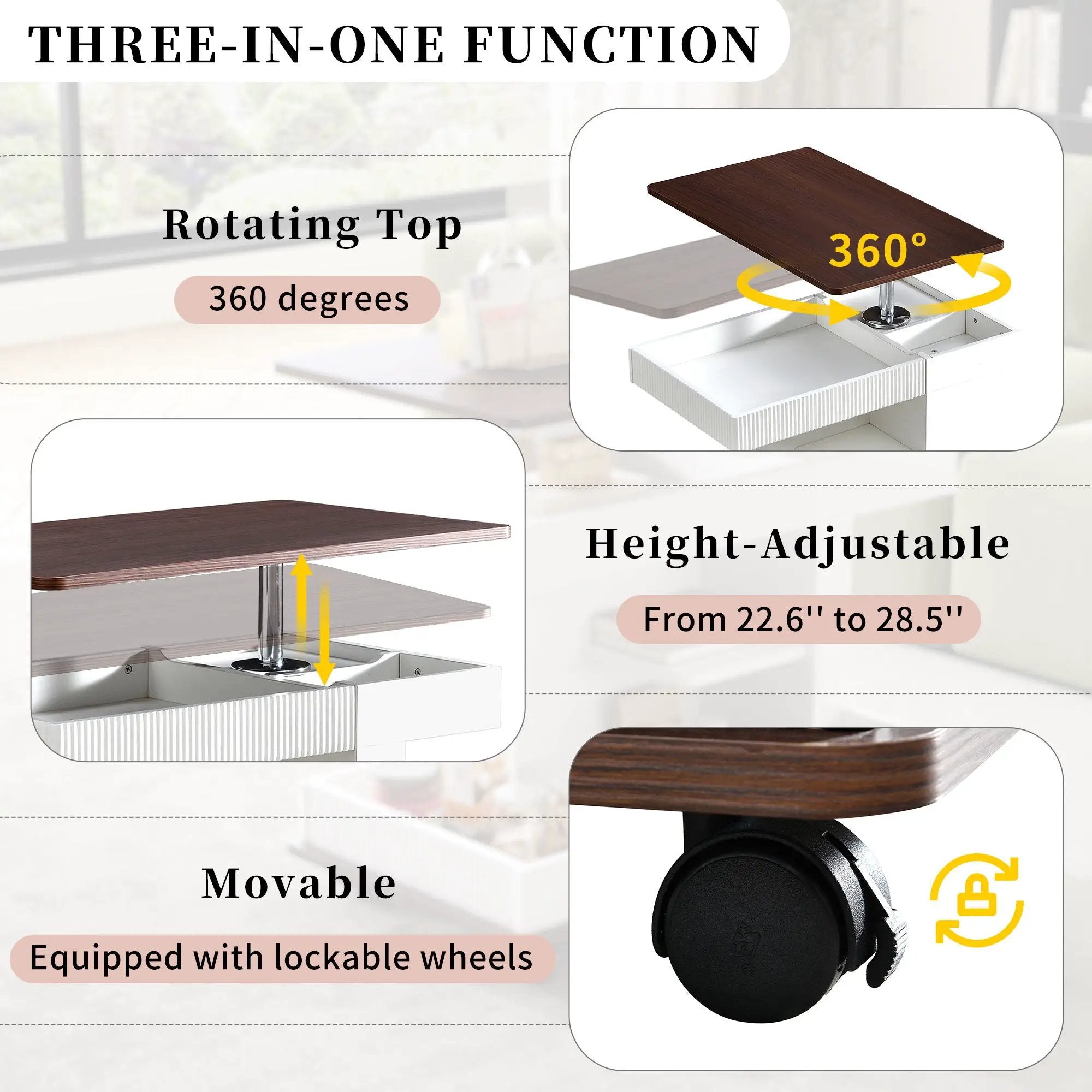 Adjustable End Table With Wheels, 360°Rotating Top And Storage Space by Unique Piece Furniture