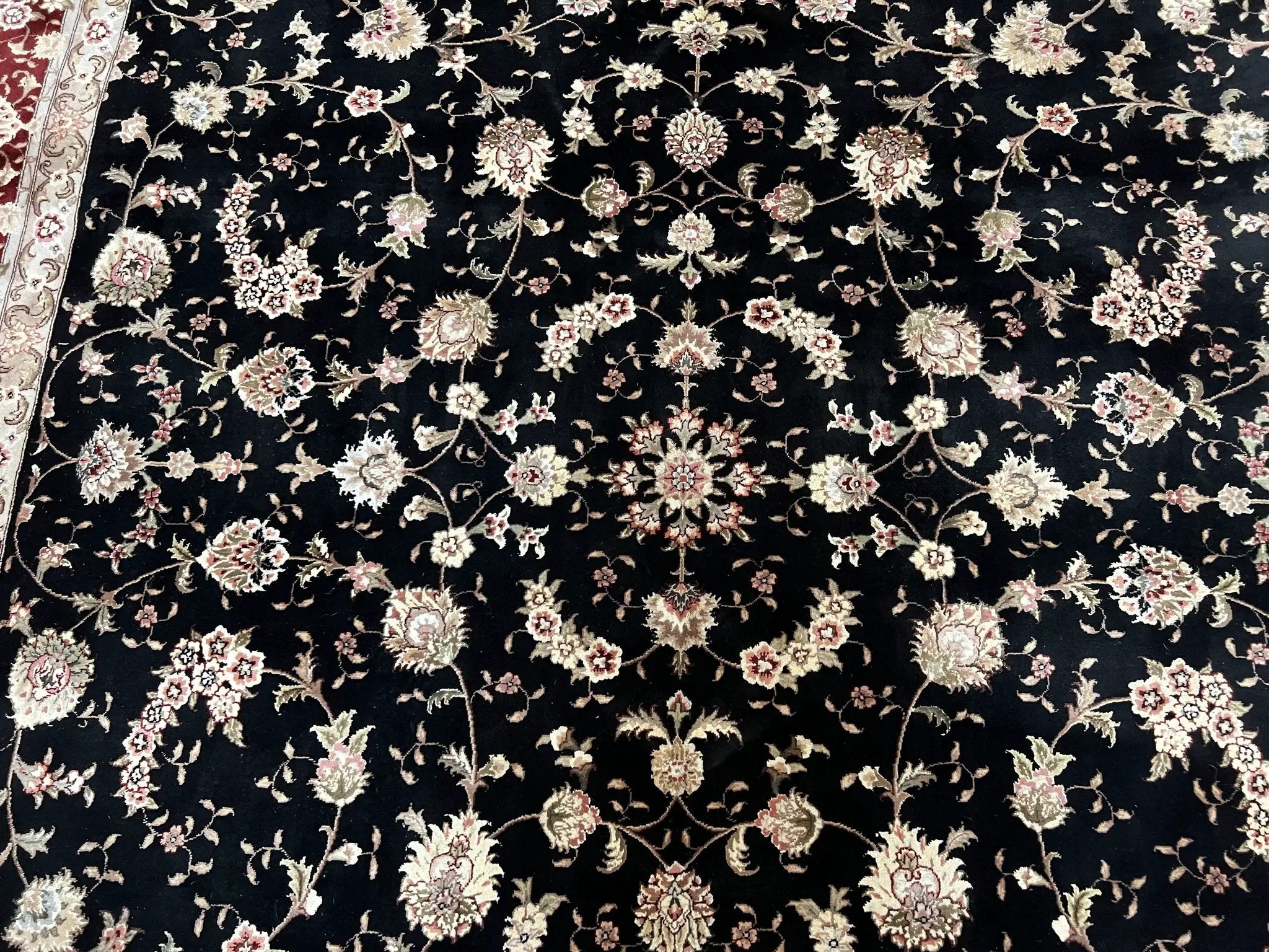 Sino Persian Rug 9x12, High Quality Oriental Carpet, Black and Maroon, Wool and Silk, Allover Floral Pattern, Hand Knotted, Vintage Rug Nice by Jewel Rugs