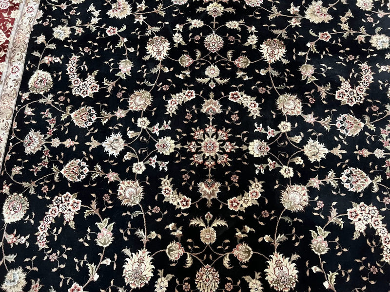 Sino Persian Rug 9x12, High Quality Oriental Carpet, Black and Maroon, Wool and Silk, Allover Floral Pattern, Hand Knotted, Vintage Rug Nice by Jewel Rugs