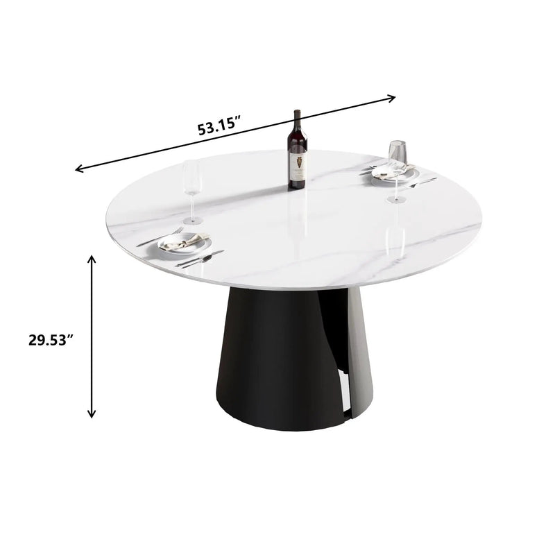 53.15" Modern Artificial Stone Round Carbon Steel Base Dining Table, Can Accommodate 6 People - White / Black by HouseOfZazla