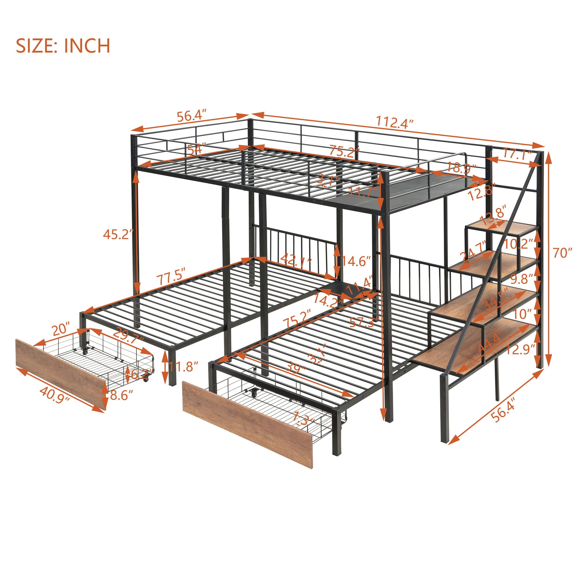 Full Over Twin-Twin Triple Bunk Bed With Drawers And Staircase - Black by HouseOfZazla