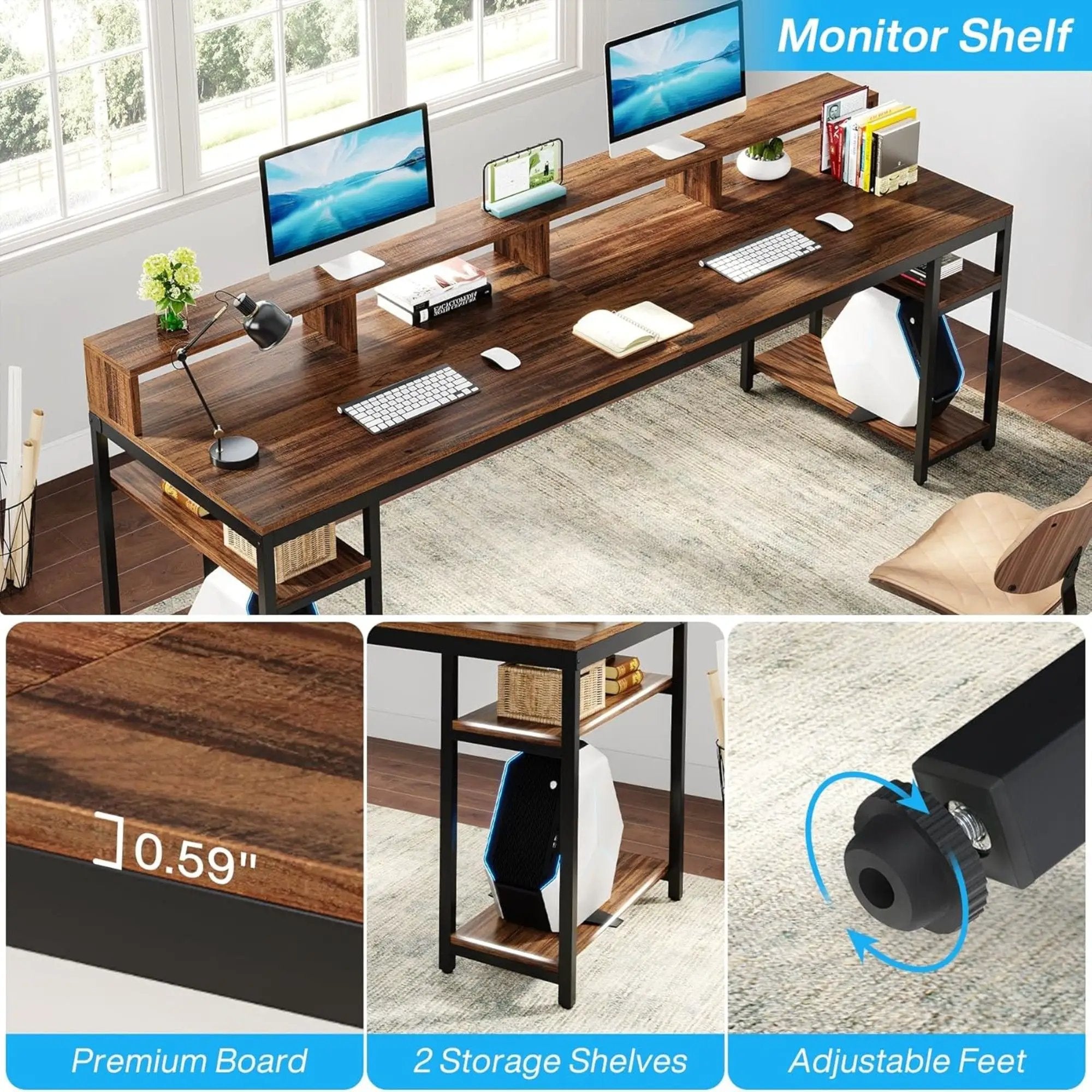 2 Person Desk With Monitor Stand, Long Office Workstation With Dual Storage Shelves And Frame - Brown / Black by HouseOfZazla