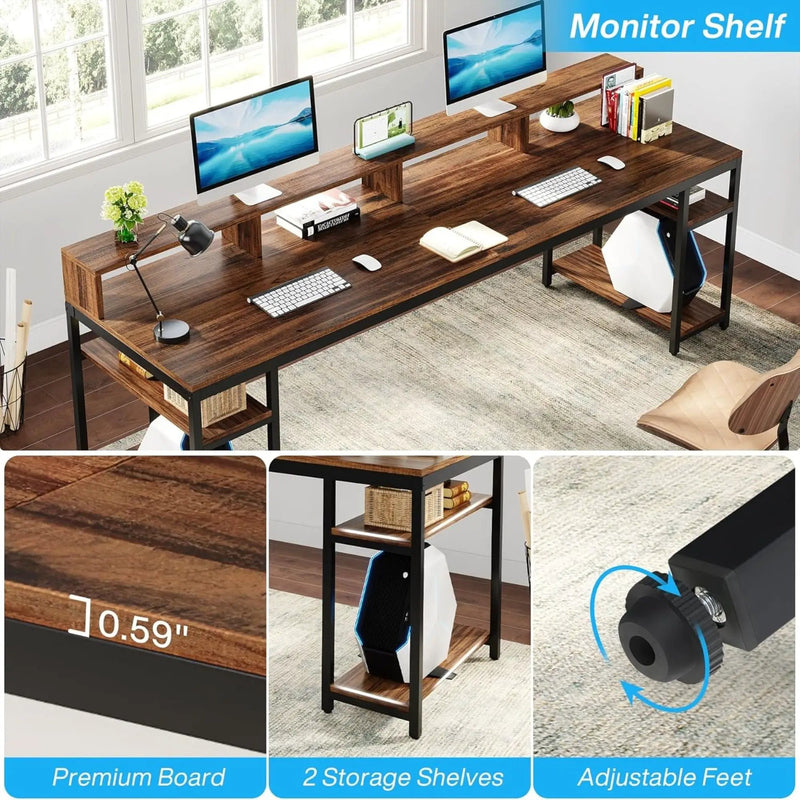 2 Person Desk With Monitor Stand, Long Office Workstation With Dual Storage Shelves And Frame - Brown / Black by HouseOfZazla