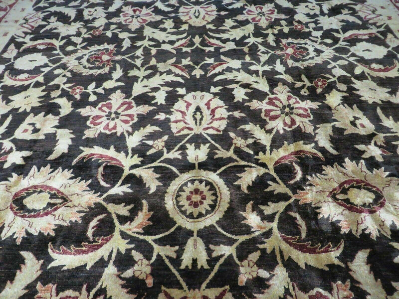 11' X 15' Vintage Hand Knotted Indian Agra Wool Rug Hand Made Dark Brown Floral by Jewel Rugs