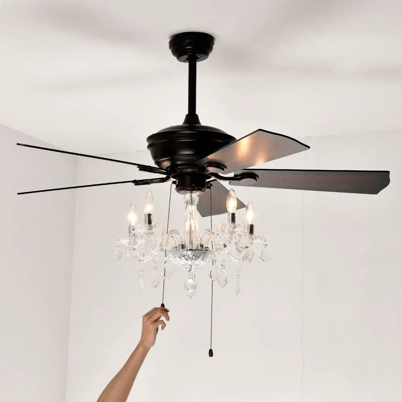 52" Crystal Shade Ceiling Fan Lamp, 3 Speed, 4 Timing, 5 Reversible Blades Crystal Ceiling Fan, 5 Pieces X E12 (No Include Bulb), Hand Pull Chain - Matte Black by HouseOfZazla