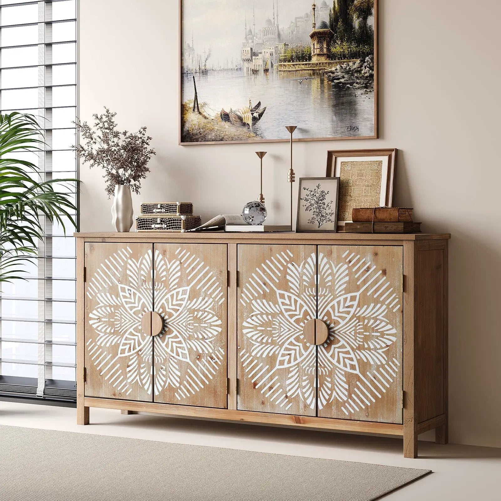 60" Wood Accent Cabinet with 4 Doors Brown and Antique White by HouseOfZazla