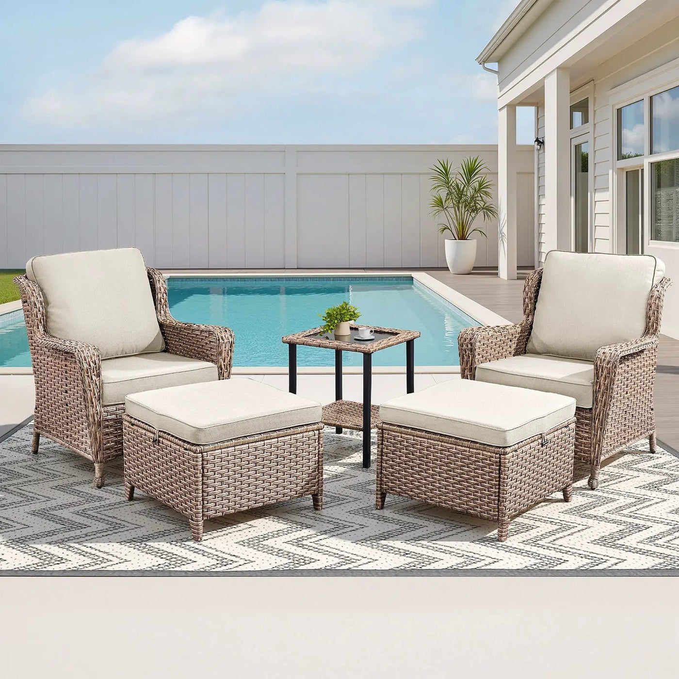 5-Piece Outdoor Lounge Chairs Set with Side Table and Ottomans by HouseOfZazla