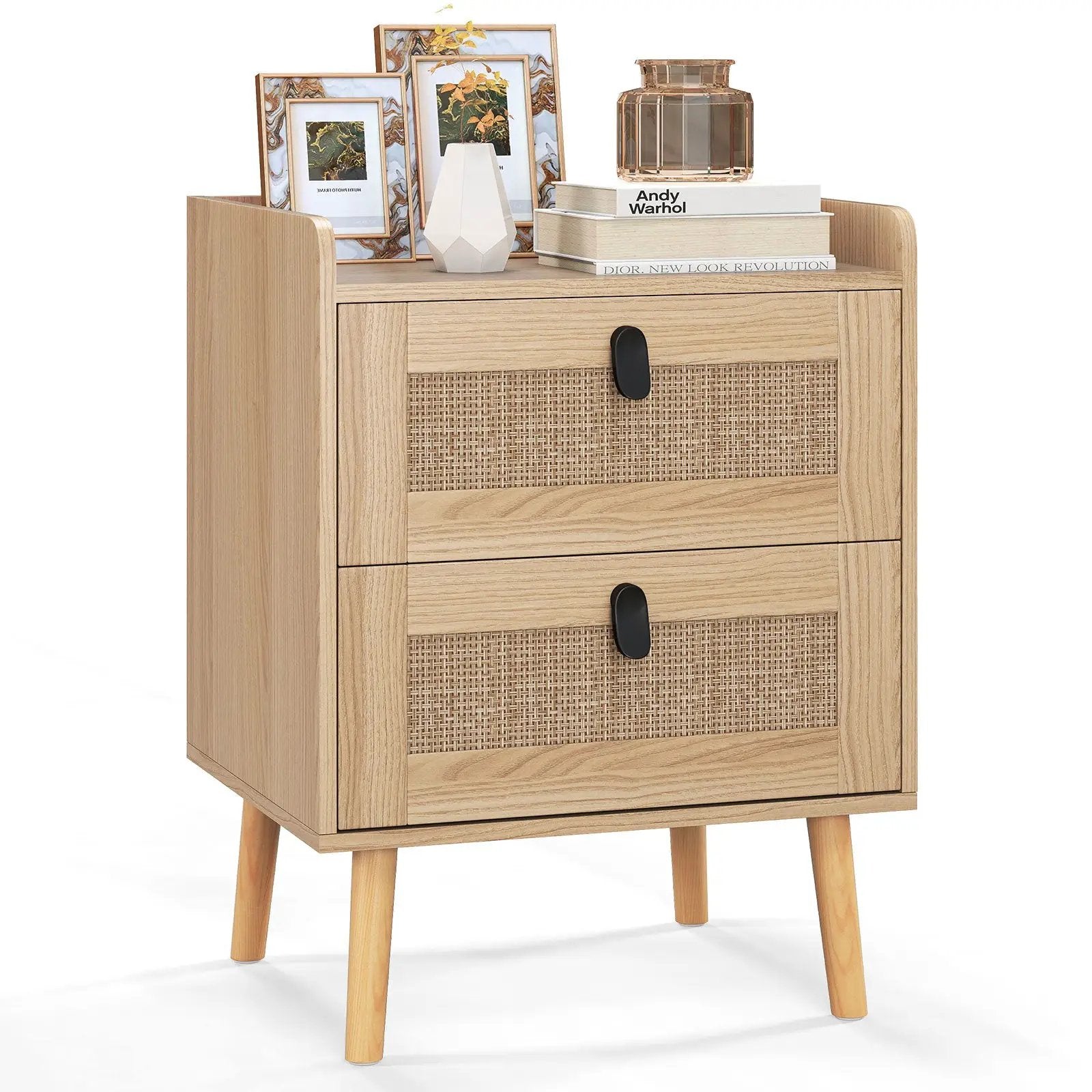 Modern End Table Bedside Table with 2 Rattan Decorated Drawers by DirectDeals