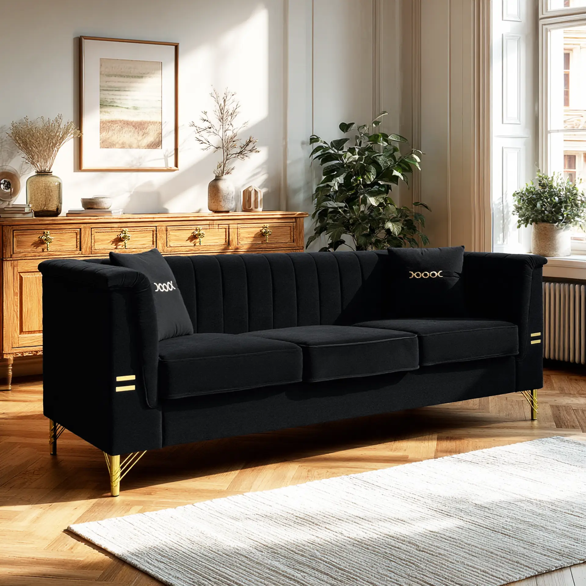 FX-P82-BK2 Modern Velvet 3-Seater Sofa with 2 Pillows by HouseOfZazla