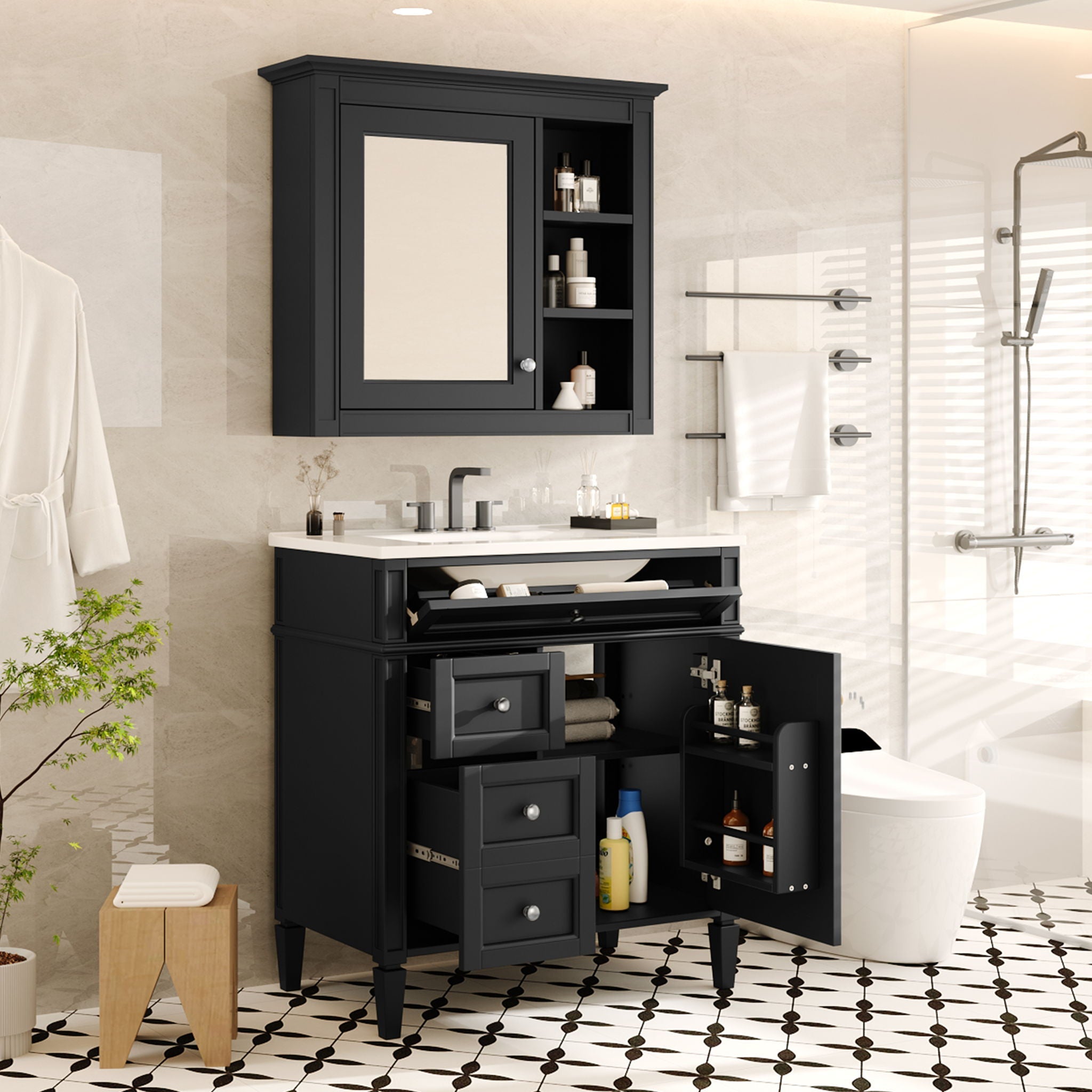 Bathroom Vanity With Medicine Cabinet, Royal Mirror Cabinet, Modern Bathroom Storage Cabinet With 2 Soft Closing Doors And 4 Drawers by Unique Piece Furniture