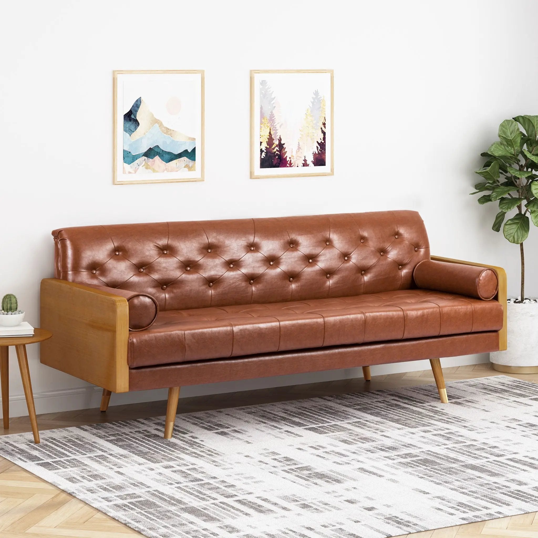 Adelaide Mid Century Modern Tufted Sofa With Rolled Accent Pillows - Light Brown by HouseOfZazla