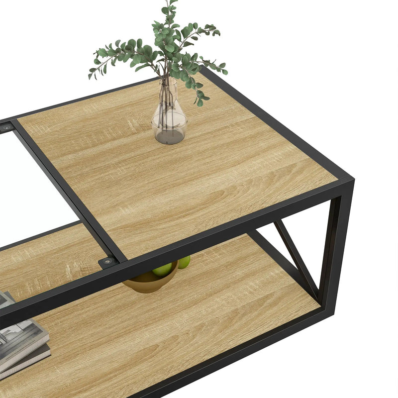 Modern Coffee Table with Tempered Glass and Natural Wood MDF Top by HouseOfZazla