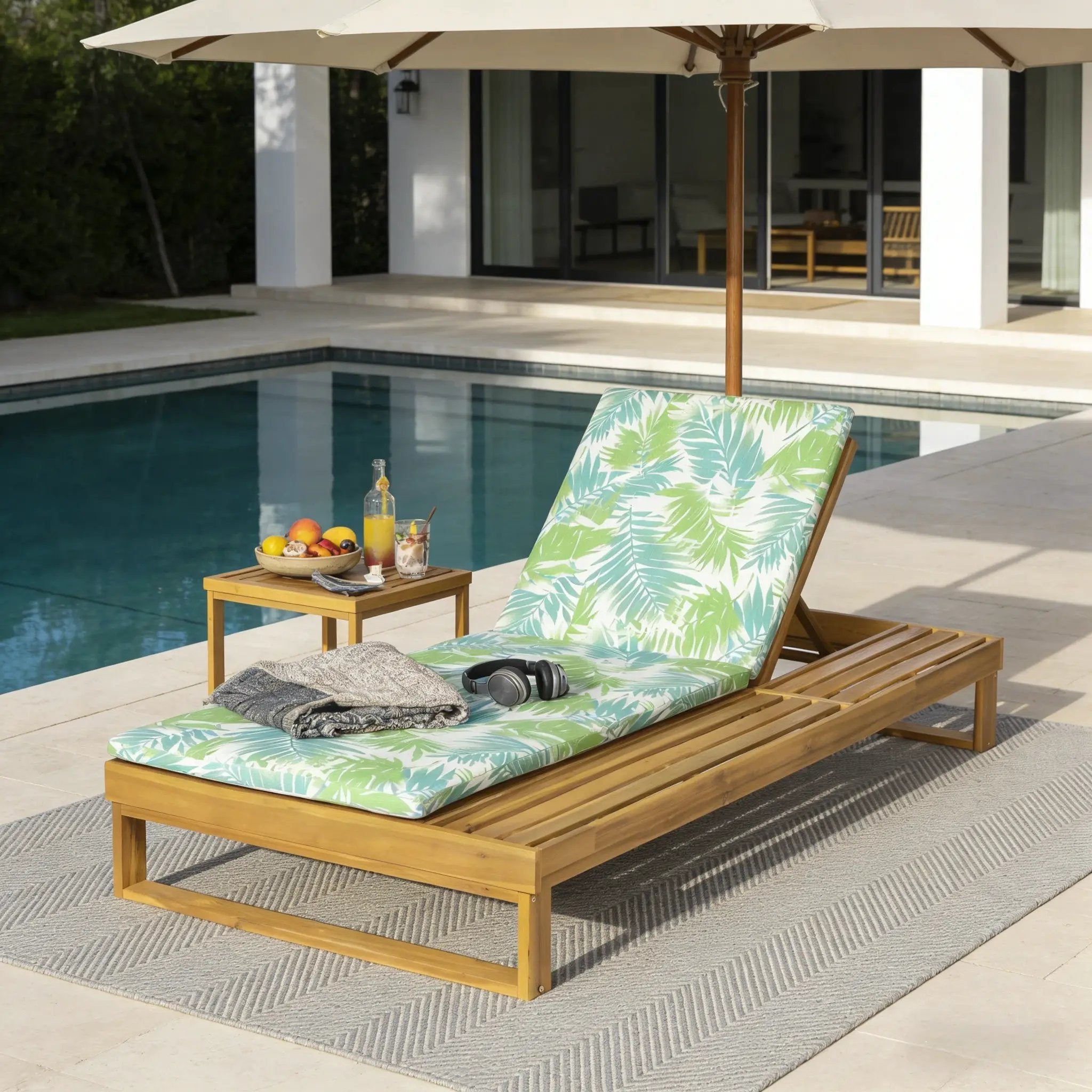 Teak Finish Acacia Wood Chaise Lounge with Leaf Coconut Cushion by HouseOfZazla