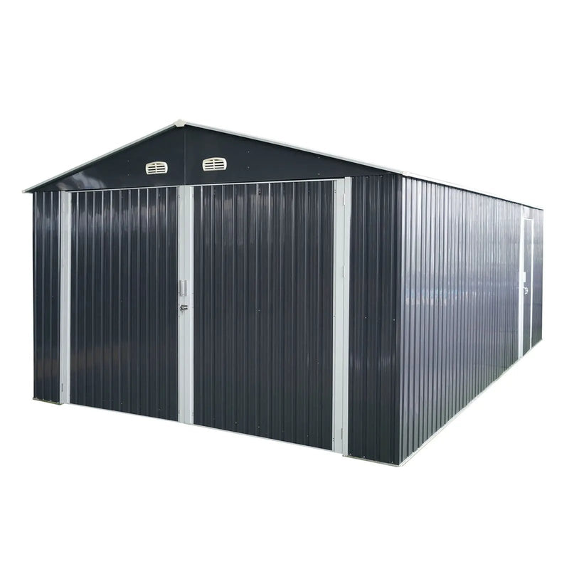 Outdoor Storage Shed Metal Garage Shed For Car, Bike, Lawnmower Backyard Tool House Building 2 Doors And 4 Vents - Black by HouseOfZazla