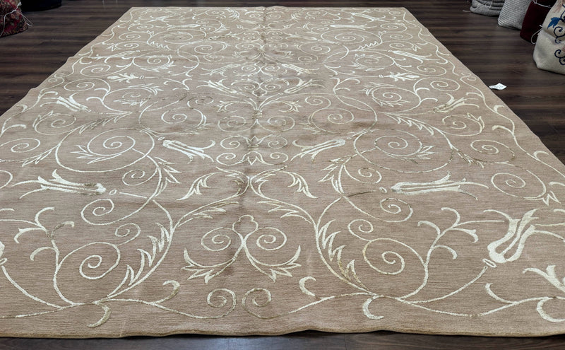 Tibetan Rug 9x12 Wool and Silk Beige Modern Handmade Carpet by Jewel Rugs