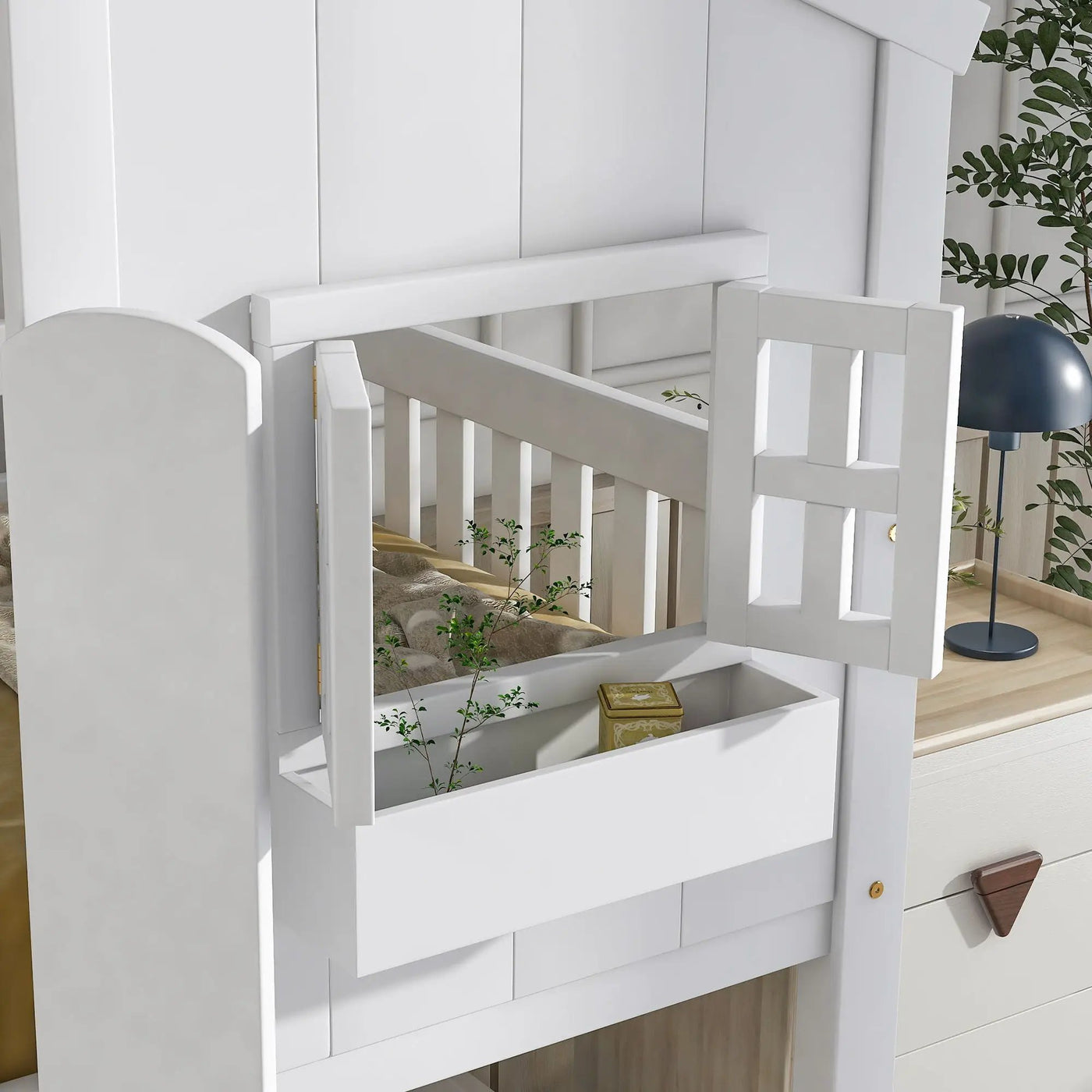 House Bunk Bed With Roof, Window, Window Box, Door, With Safety Guardrails And Ladder by HouseOfZazla
