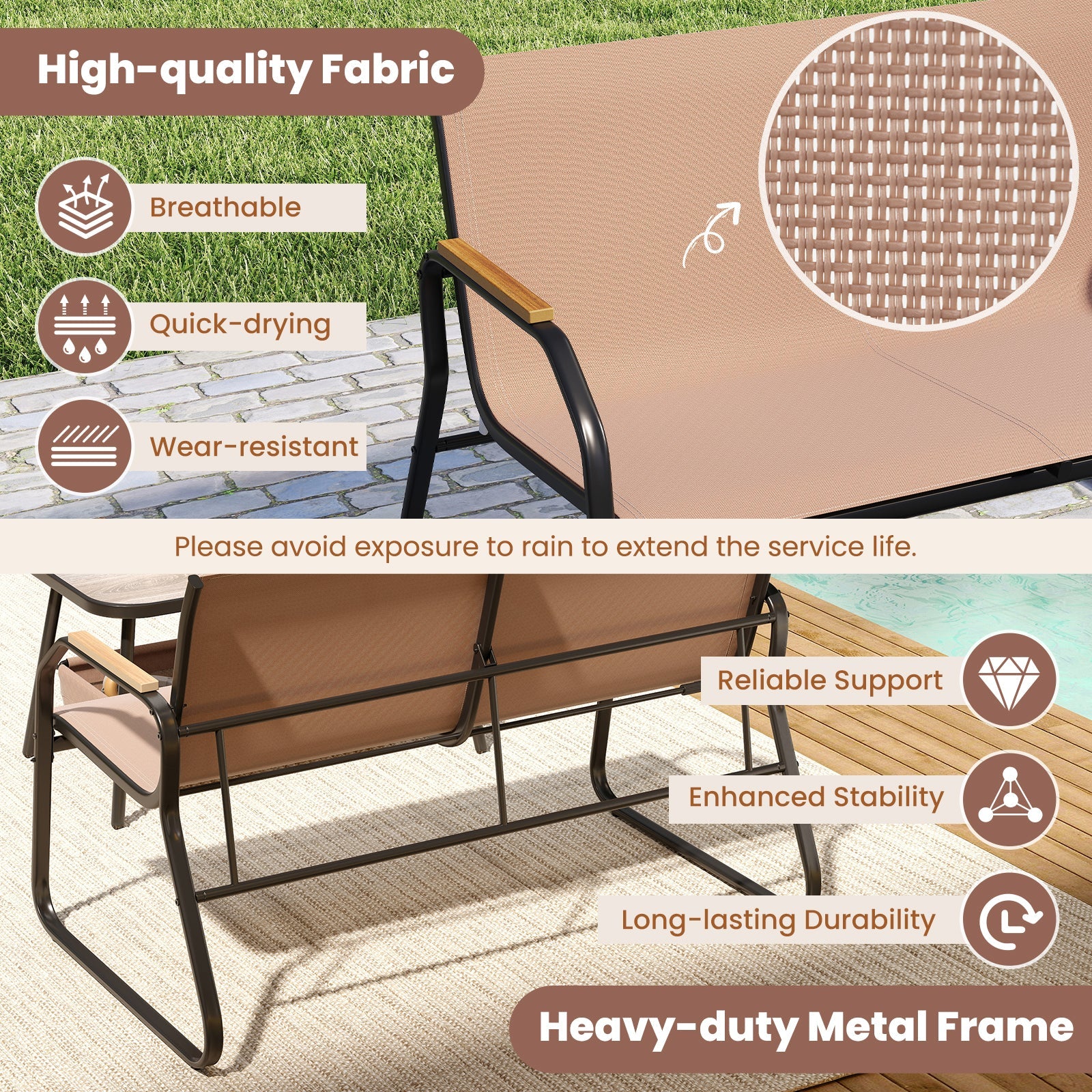 4 Pieces Patio Furniture Set with Rocking Bistro Chairs and Breathable Mesh Fabric-Coffee by DirectDeals