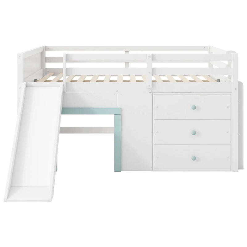 Modern Low Loft Bed With Slide, 3 Storage Drawers, And 2 Doors