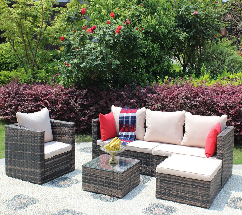 Rattan Patio Furniture Set Wicker Sofa Cushioned Sectional (4 Pieces, Brown) by HouseOfZazla