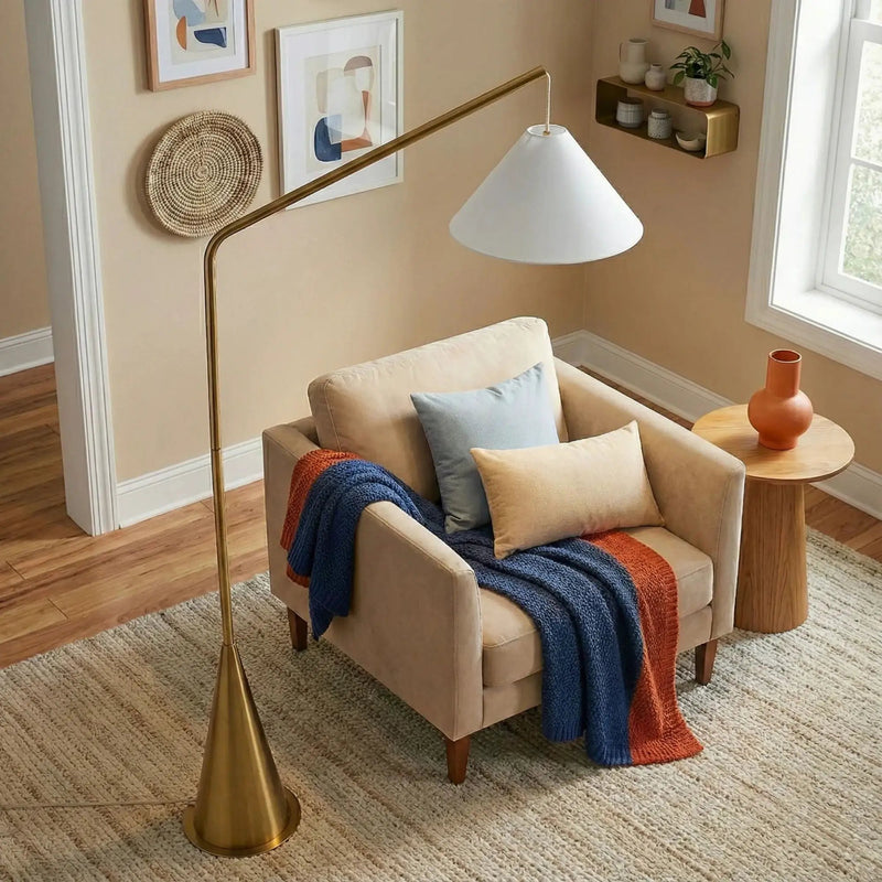 Lisbon - Floor Lamp With On / Off Switch Coned Base Hanging Shade - Antique Brass / White by HouseOfZazla
