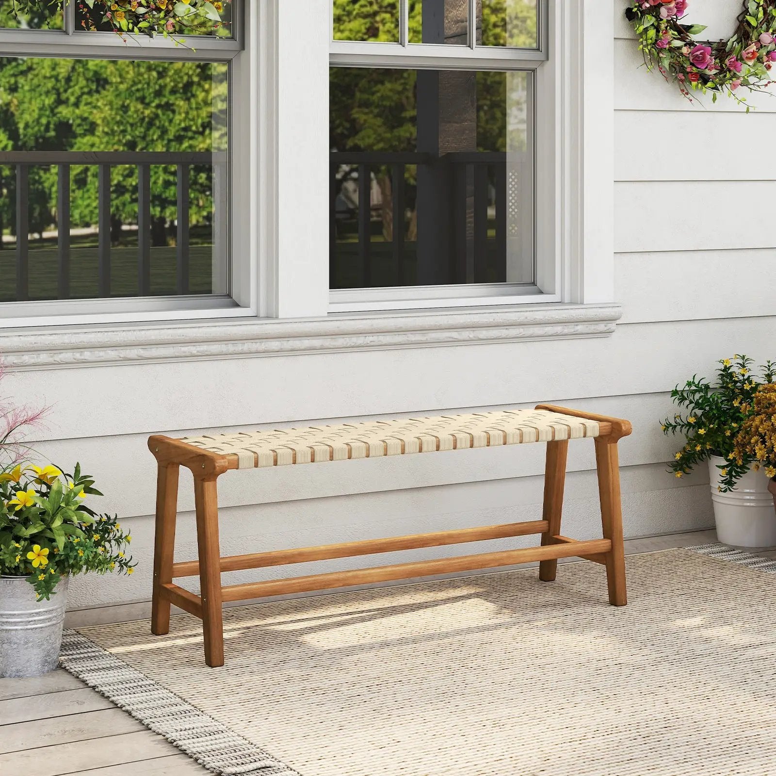 47 Inches Long Teak Wood Patio Bench with Weave Seat and Solid Wood Legs-Natural by DirectDeals