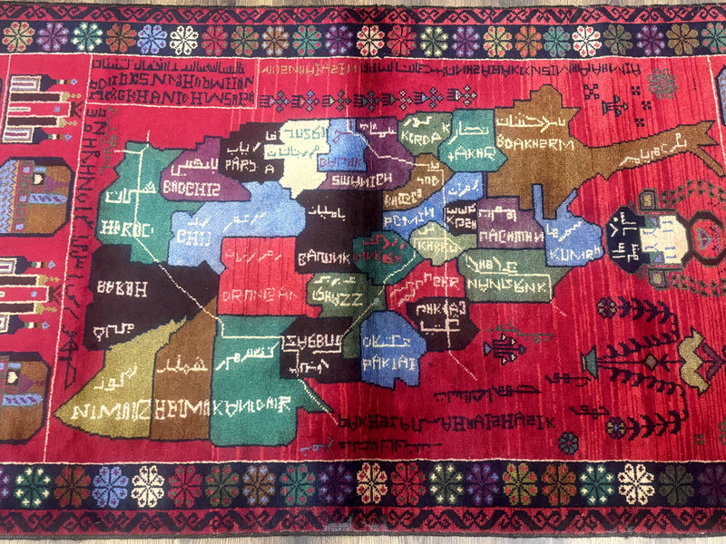 Afghan Rug 3x7, Map of Afghanistan, War Rug, Tribal Rug, Balouch Rug, New, Red by Jewel Rugs