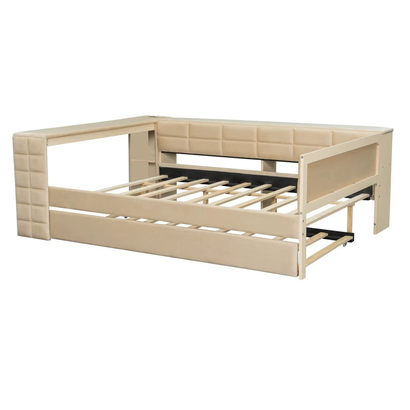 Upholstered Platform Bed With Storage Shelves, Desk, Charging Station And Trundle