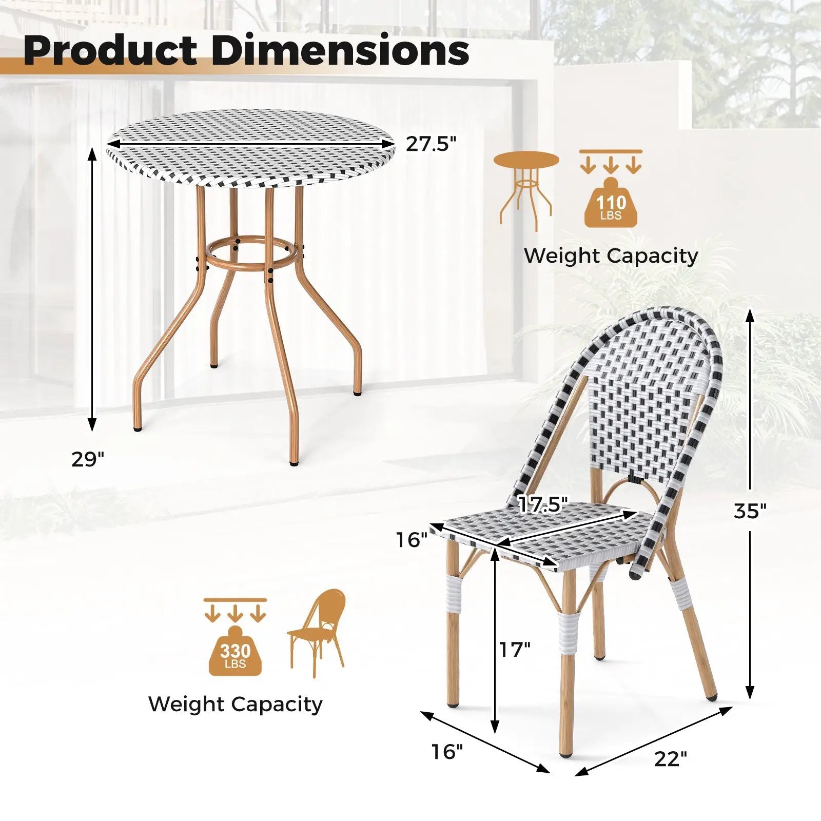 3 Piece French Bistro Table Chair Set with Outdoor Wicker Round Table and 2 Dining Chairs by DirectDeals