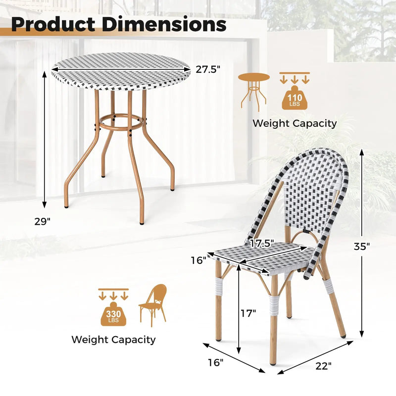 3 Piece French Bistro Table Chair Set with Outdoor Wicker Round Table and 2 Dining Chairs by DirectDeals