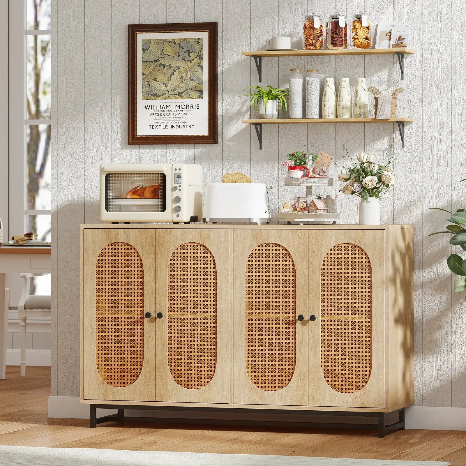50 Inch Buffet Sideboard Cabinet with 4 Rattan Doors and Adjustable Shelves-Natural by DirectDeals