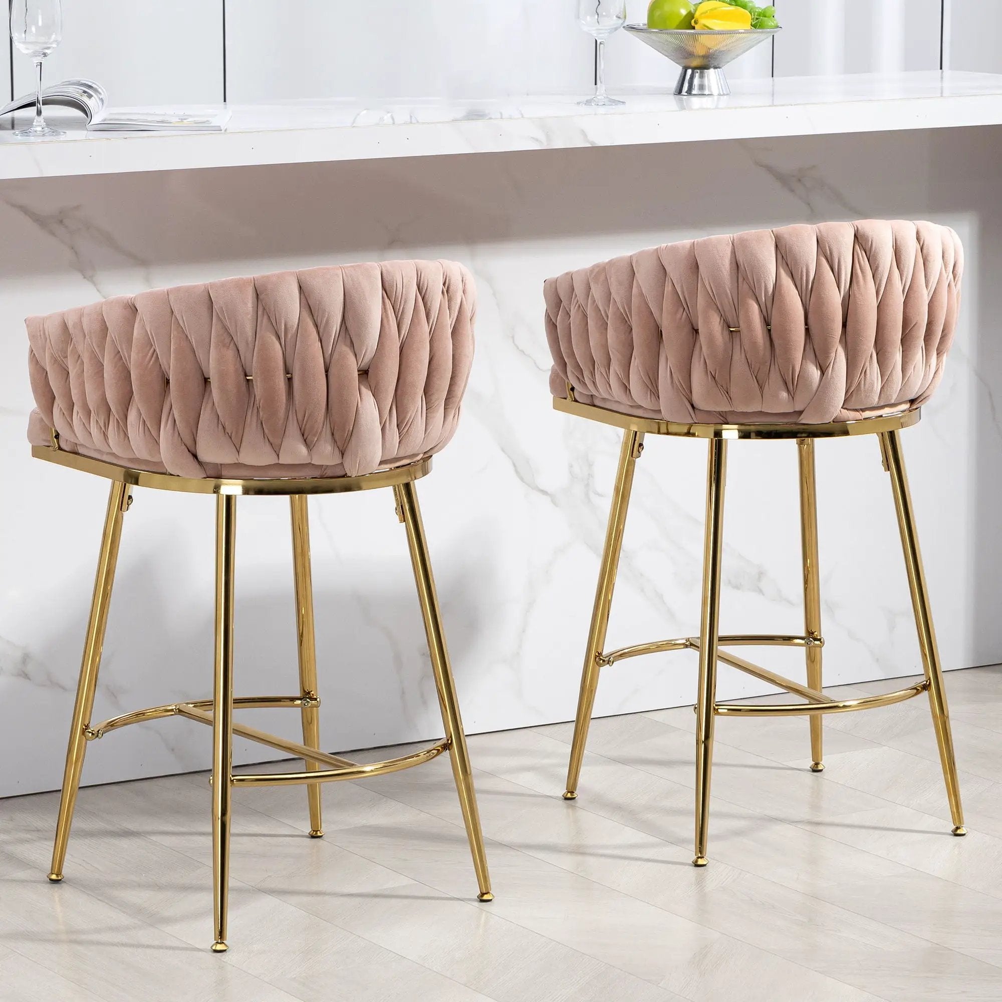 Counter Height Bar Stools Kitchen Island Counter Bar Stool With Hand - Wave Back, Golden Chromed Base And Footrest (Set of 2) - Pink by HouseOfZazla