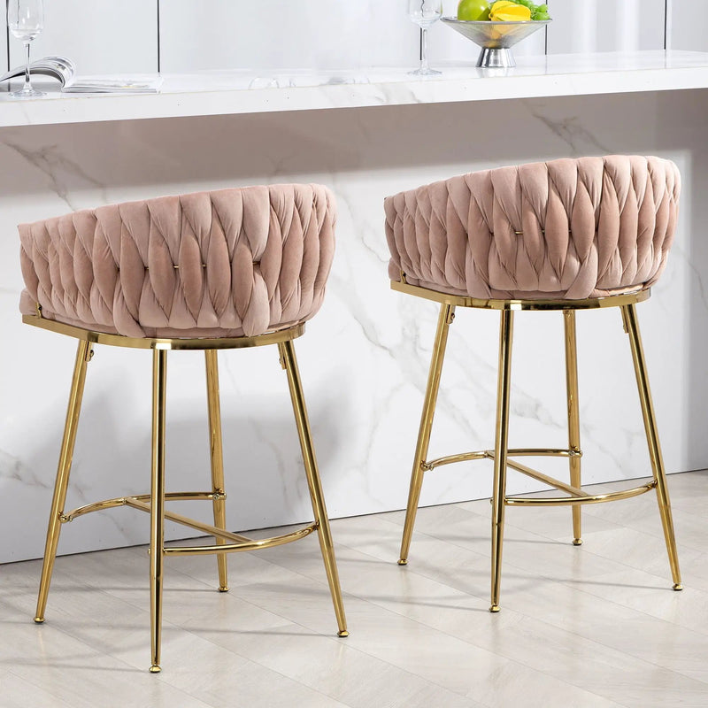 Counter Height Bar Stools Kitchen Island Counter Bar Stool With Hand - Wave Back, Golden Chromed Base And Footrest (Set of 2) - Pink by HouseOfZazla