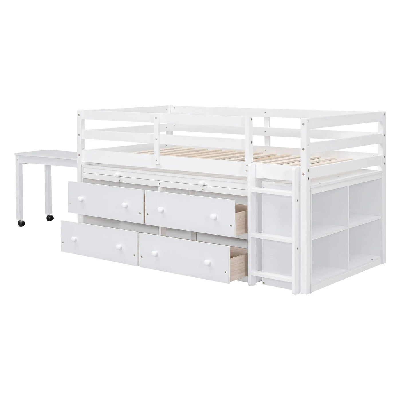 Loft Bed With Retractable Writing Desk And 4 Drawers, With Lateral Portable Desk And Shelves by Unique Piece Furniture