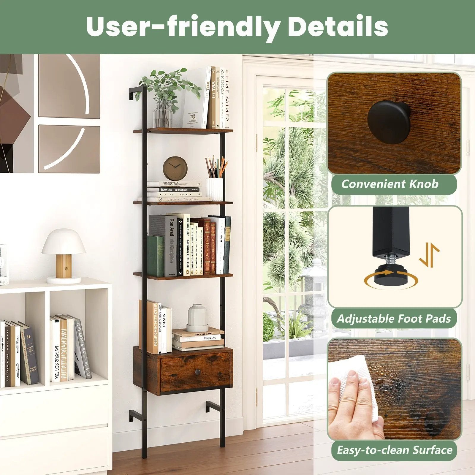 5-Tier Ladder Bookcase with Drawer and Metal Frame for Study Home Office-Rustic Brown by DirectDeals