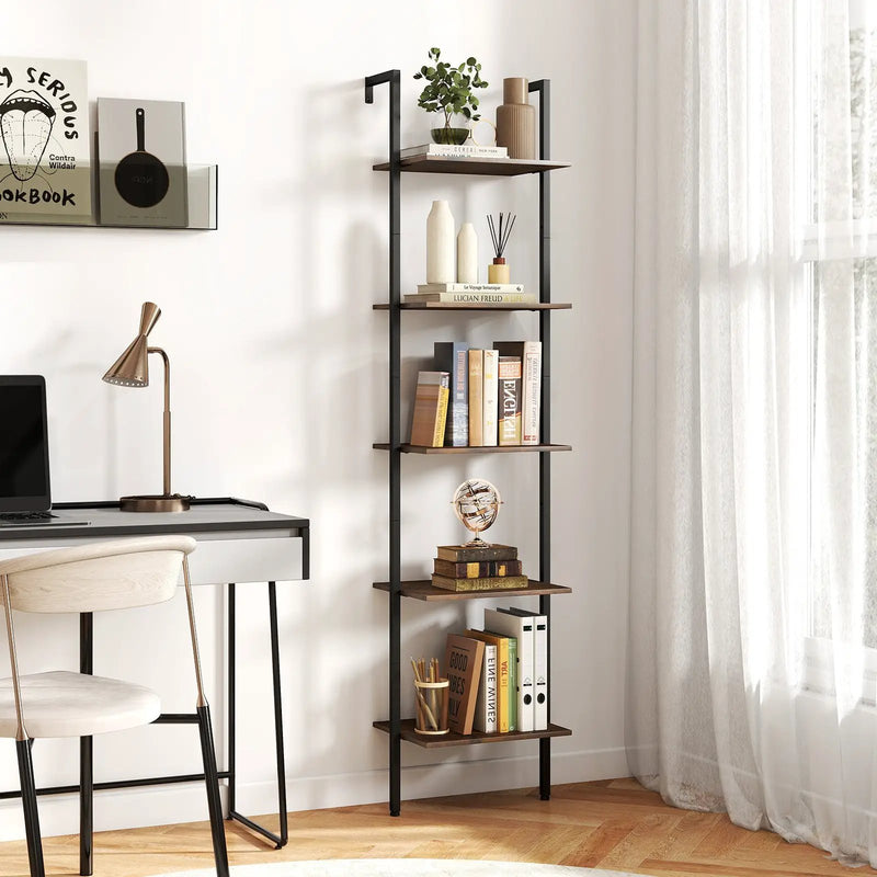 5 Tier Wall Mount Ladder Shelf with Anti-Tipping Kits for Home Office-Rustic Brown by DirectDeals