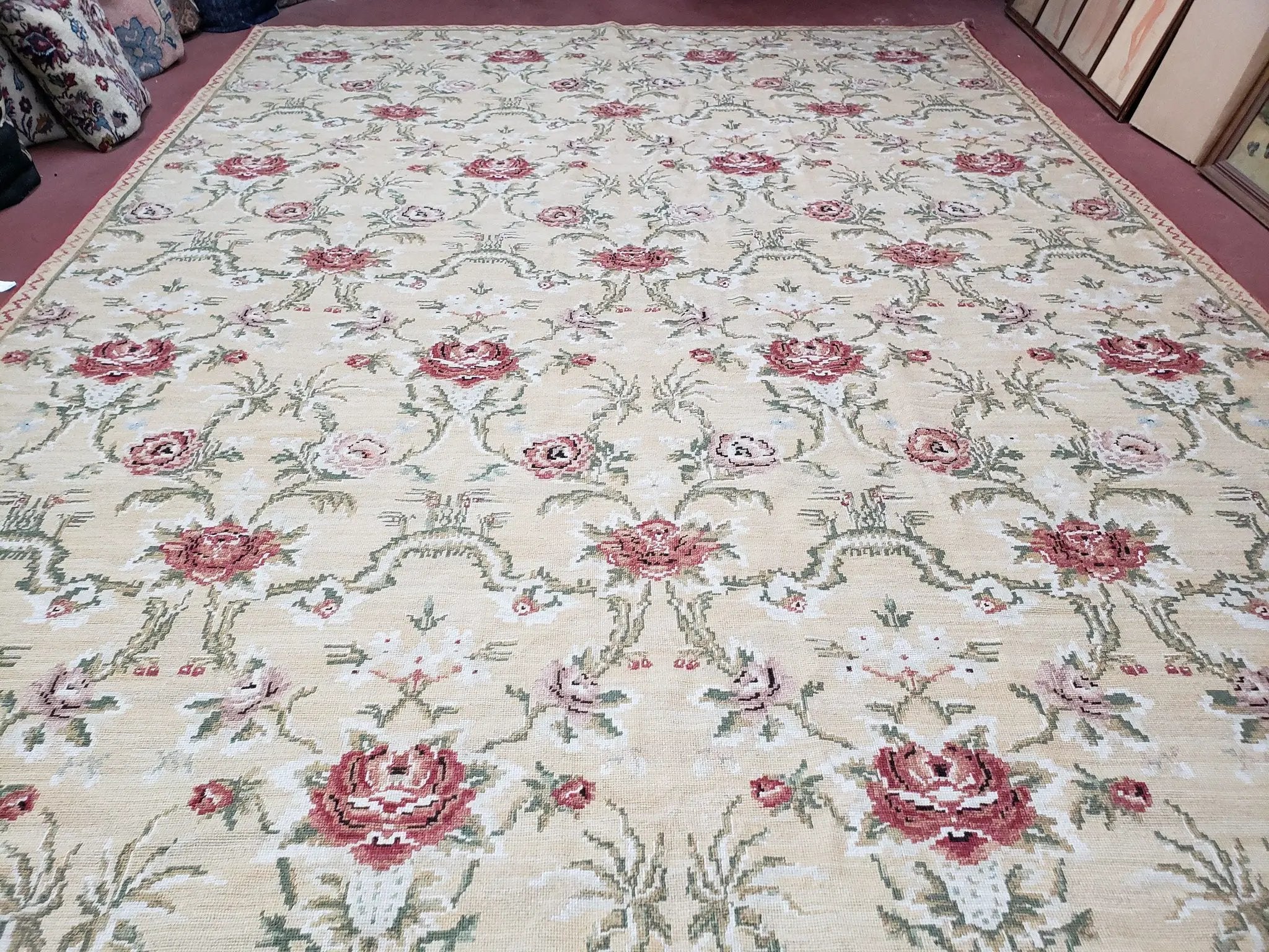 Needlepoint Rug 10x14 Wool Flatweave Carpet, English Floral Pattern, Pale Yellow, Roses, Allover Pattern, Handmade Large Needlepoint Nice by Jewel Rugs