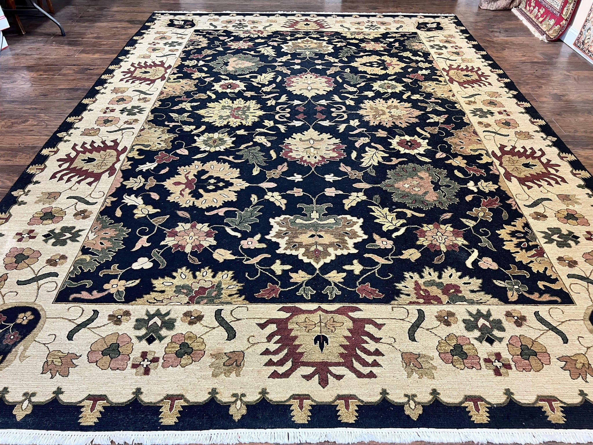 Indo Persian Rug 10x14, Wool Handmade Room Sized Floral Oriental Carpet, Indian Mahal Flatweave Rug, Black Beige by Jewel Rugs