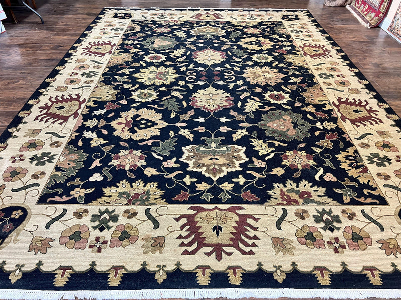 Indo Persian Rug 10x14, Wool Handmade Room Sized Floral Oriental Carpet, Indian Mahal Flatweave Rug, Black Beige by Jewel Rugs