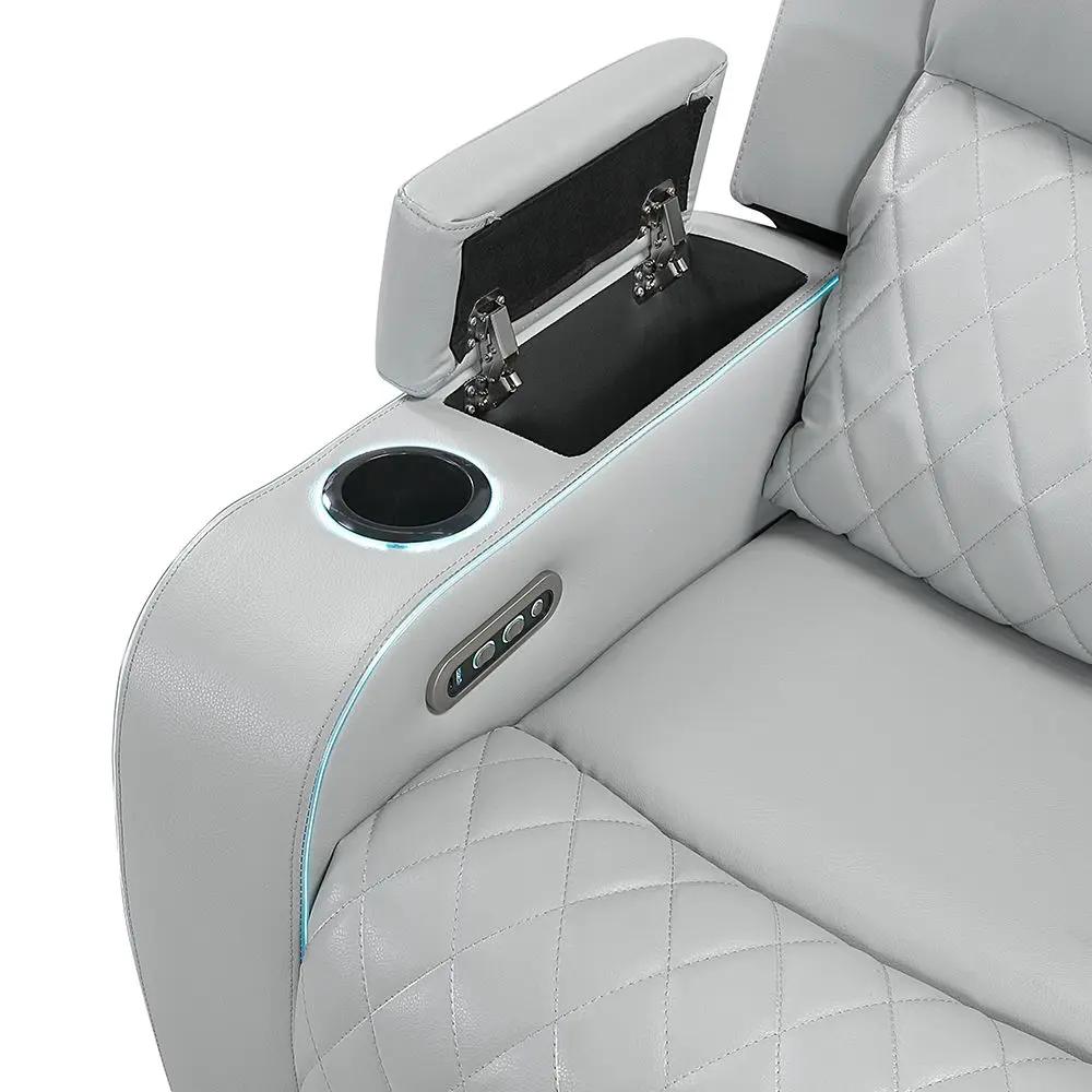 Elonzo - Power Motion Loveseat With Console, LED, Power Headrest & Speaker - Light Gray by Unique Piece Furniture