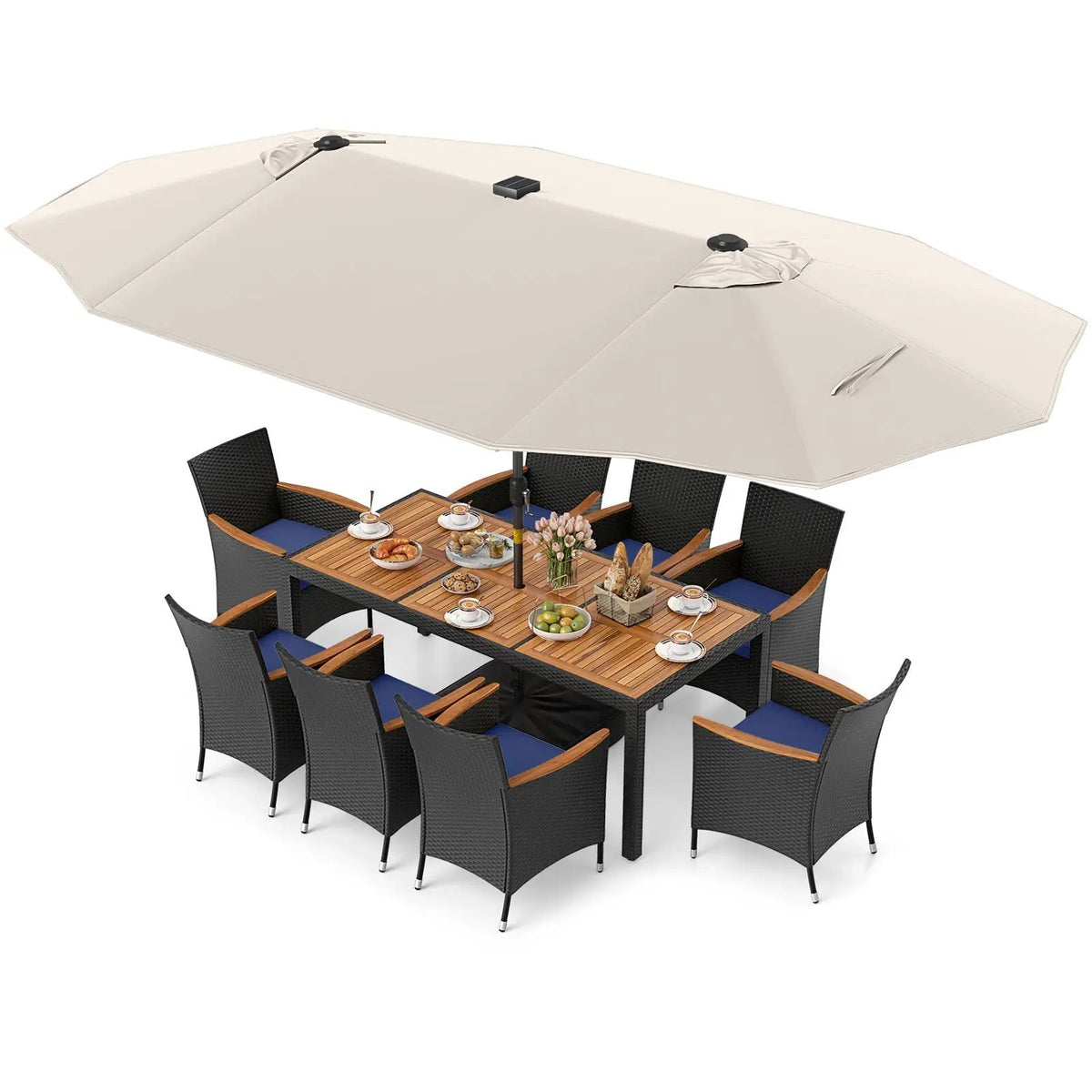 11 Pieces Patio Dining Set with LED Patio Umbrella with Base and Seat Cushions (Navy), photo 18 of 54