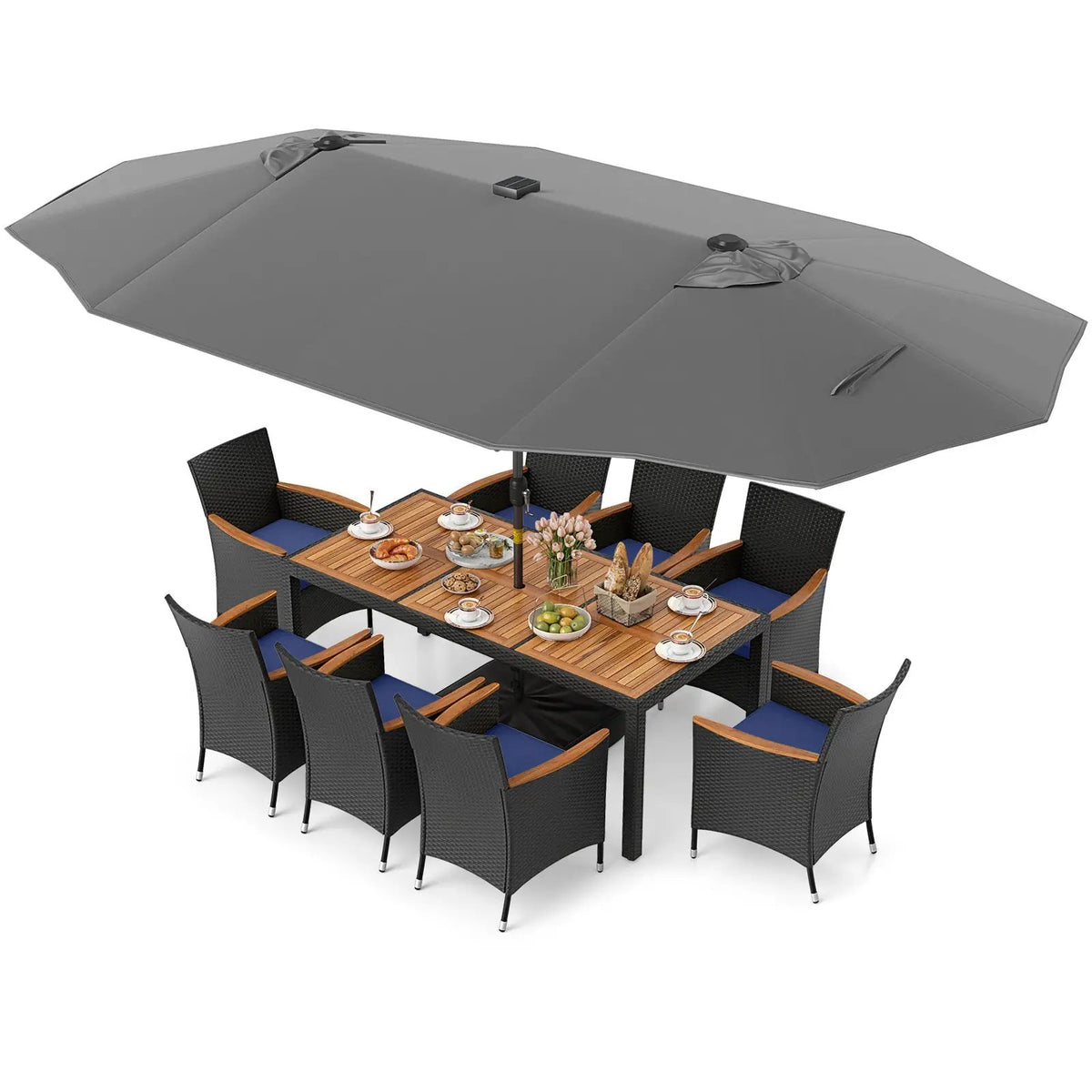 11 Pieces Patio Dining Set with LED Patio Umbrella with Base and Seat Cushions (Navy), photo 16 of 54