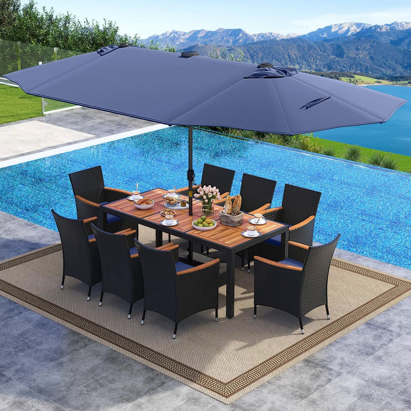 11 Pieces Patio Dining Set with LED Patio Umbrella with Base and Seat Cushions (Navy) by DirectDeals
