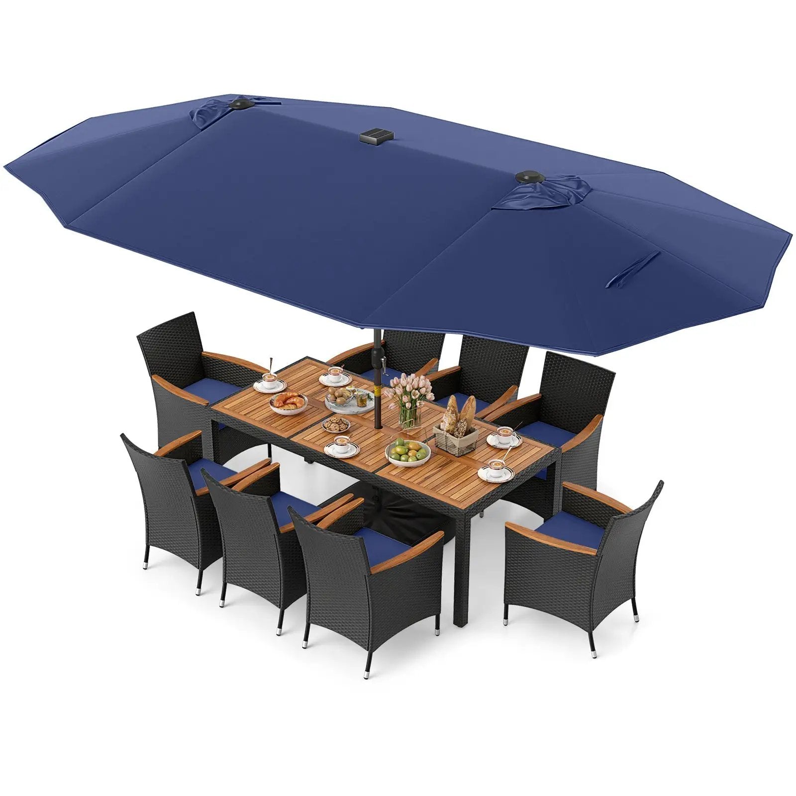 11 Pieces Patio Dining Set with LED Patio Umbrella with Base and Seat Cushions (Navy) by DirectDeals