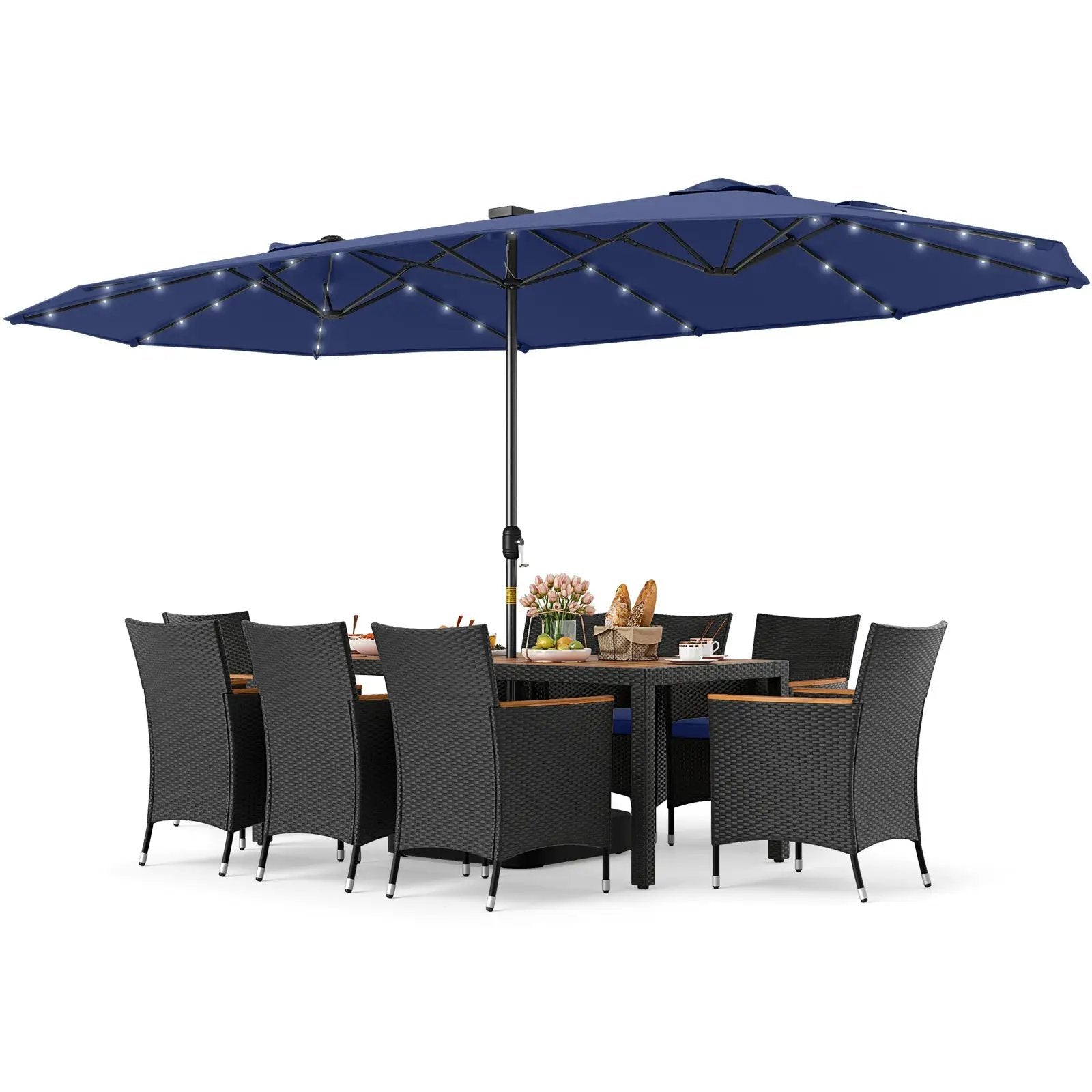 11 Pieces Patio Dining Set with LED Patio Umbrella with Base and Seat Cushions (Navy) by DirectDeals