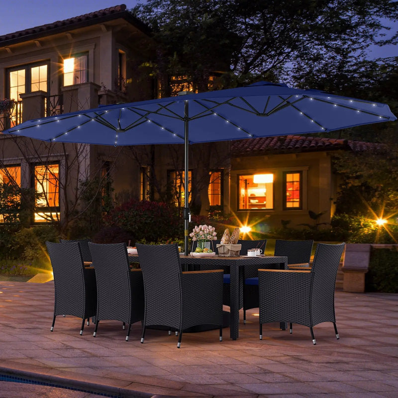 11 Pieces Patio Dining Set with LED Patio Umbrella with Base and Seat Cushions (Navy) by DirectDeals