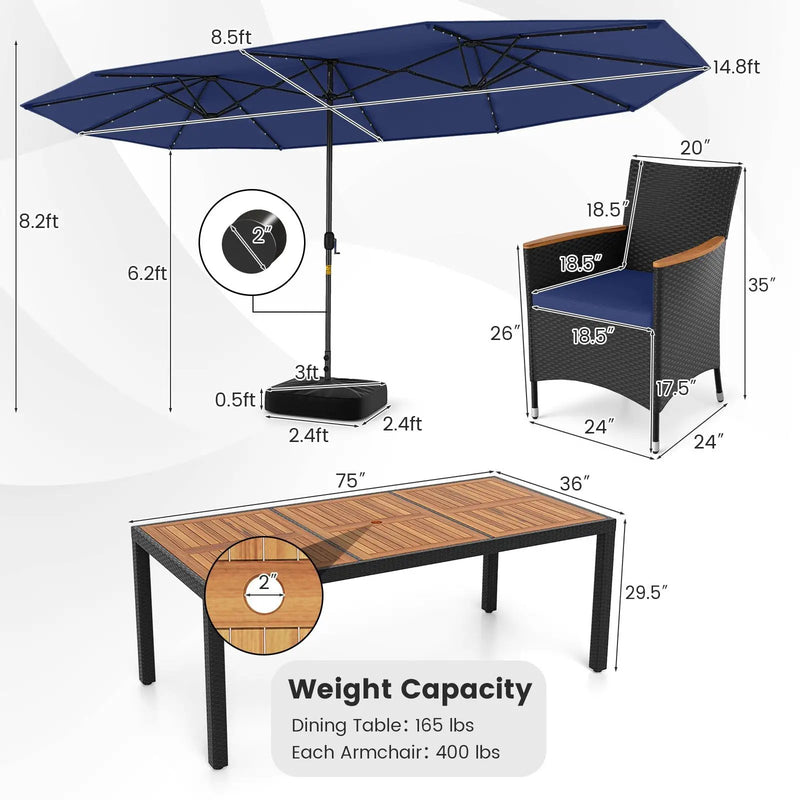 11 Pieces Patio Dining Set with LED Patio Umbrella with Base and Seat Cushions (Navy) by DirectDeals